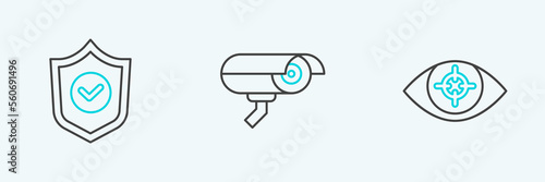 Set line Eye scan, Shield with check mark and Security camera icon. Vector