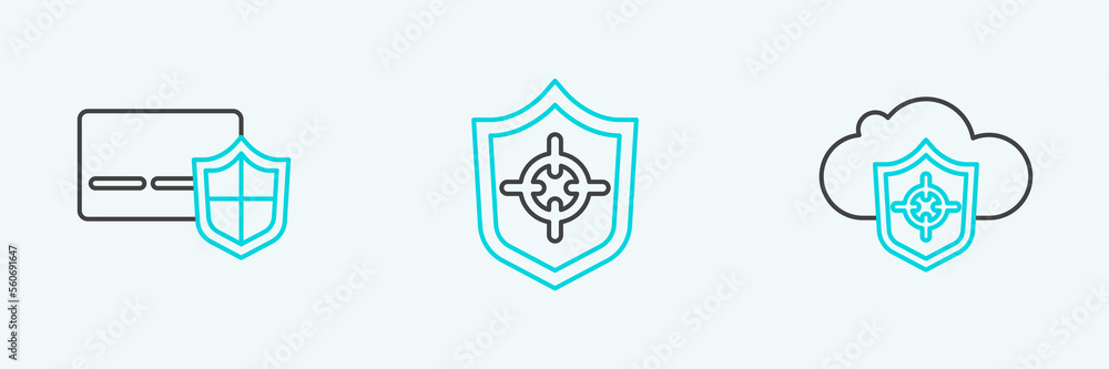 Set line Cloud and shield, Credit card with and Shield icon. Vector Set line Cloud and shield, Credit card with and Shield icon. Vector