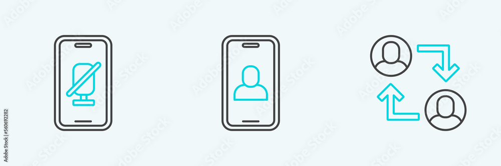 Set line Project team base, Mute microphone on mobile and Video chat conference icon. Vector Set line Project team base, Mute microphone on mobile and Video chat conference icon. Vector