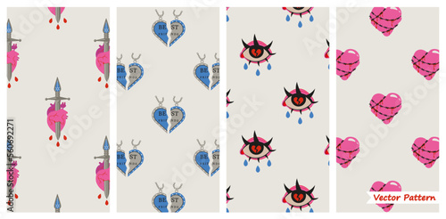 Anti love seamless pattern collection. Bad Valentines Day concept. Pink and Red elements in trendy tattoo style. Heart, hearteater, heartbreaker, tears, sad mood. Vector Illustration.
