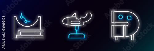 Set line Kid playground slide pipe, Skate park and Swing plane icon. Glowing neon. Vector