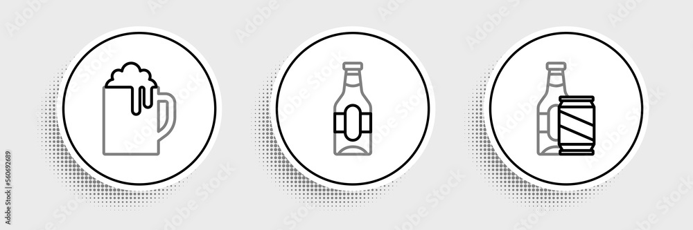 Set line Beer bottle and beer can, Wooden mug and icon. Vector Set line Beer bottle and beer can, Wooden mug and icon. Vector