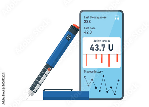 Blood glucose measurement and diabetes self care mobile app with insulin injector pen. Diabetic sugar online control and hormone injection smartphone application concept. Diabet monitoring and treat