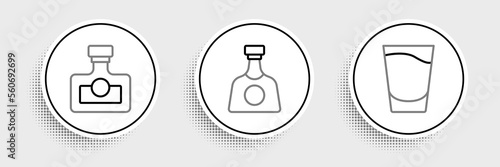 Set line Shot glass, Alcohol drink Rum and Tequila bottle icon. Vector