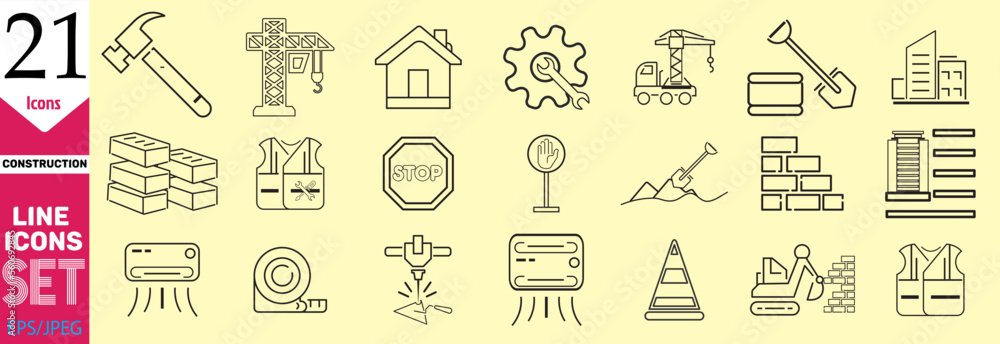 Construction line icons set. Outline web icon set, home repair tools. vehicle, elements, tools. Construction line icons set. Outline web icon set, home repair tools. vehicle, elements, tools.