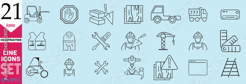 Construction line icons set. Outline web icon set, home repair tools. vehicle, elements, tools.