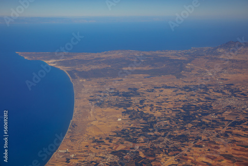 View from plane window with Cape Kormakitis in Cyprus island country photo