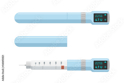 Insulin injection electronic digital pen. Hormone ampoule inside high tech syringe. Diabetes control status screen on modern technology injector. Diabetic patients medical device. Blood glucose care