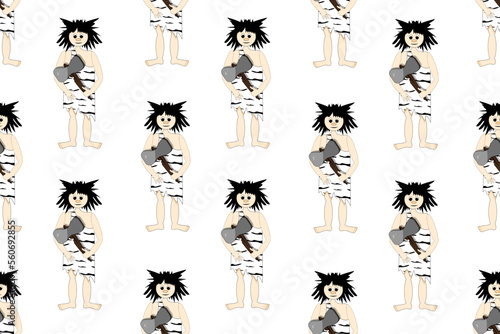 Seamless pattern with primitive people in zebra skin with baton in the hands. Wallpaper for children room or bed linen with homo sapiens.