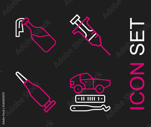 Set line Car theft, Bullet, Syringe and Cocktail molotov icon. Vector