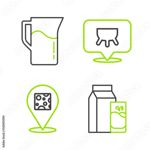Set line Paper package for kefir, Cheese, Udder and Milk jug pitcher icon. Vector