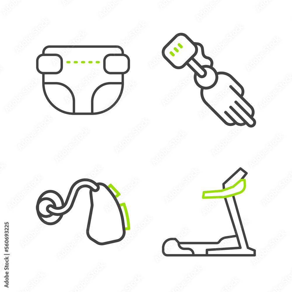 Set line Treadmill machine, Hearing aid, Prosthesis hand and Adult diaper icon. Vector