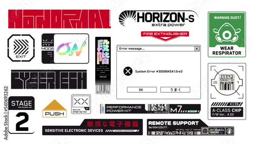 Cyberpunk decals set. Set of vector stickers and labels in futuristic style. Inscriptions and symbols, Japanese hieroglyphs for sensitive electronic devices, step.