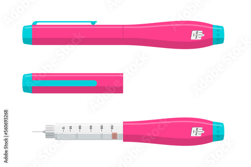 Insulin injection pen set open and closed. Hormone ampoule inside pink color syringe. Diabetes control injector. Medical device for diabetic patients. Medicine shot for high blood sugar people. Vector
