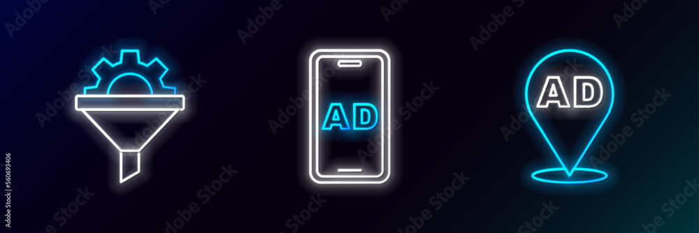 Set line Advertising, Sales funnel with gear and icon. Glowing neon. Vector Set line Advertising, Sales funnel with gear and icon. Glowing neon. Vector