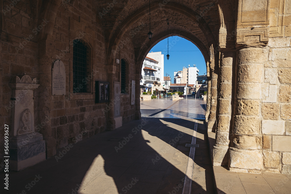 Arcades of church of Saint Lazarus in Old Town of Larnaca city, Cyprus island country