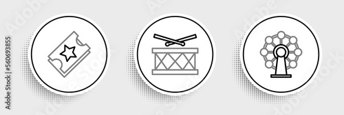 Set line Ferris wheel, Ticket and Drum with drum sticks icon. Vector