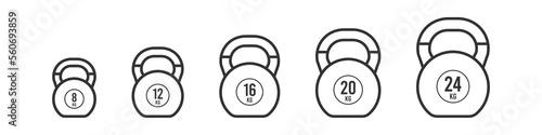 Black outline icon set kettlebells. Different weights and sizes: 8, 12, 16, 20 and 24 kg. Vector illustration, flat design