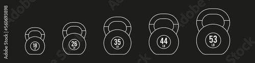 White outline icon set kettlebells. Different weights and sizes: 18, 26, 35, 44 and 53 lb. Vector illustration, flat design