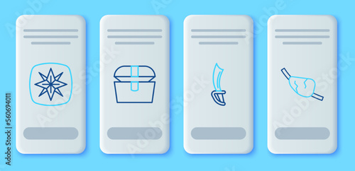 Set line Antique treasure chest, Pirate sword, Wind rose and eye patch icon. Vector