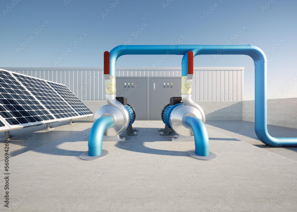 Naklejka premium 3d rendering of water pump station on rooftop factory. Include centrifugal pump, electric motor, pipeline, valve, solar panel and control box. Machine in industrial work for distribution, supply water