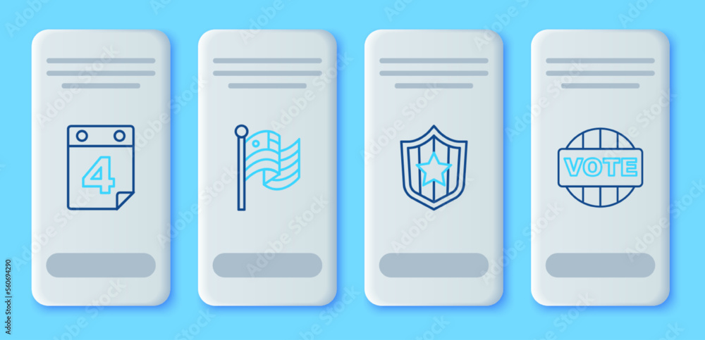 Set line American flag, Shield with stars, Calendar date July 4 and Vote icon. Vector Set line American flag, Shield with stars, Calendar date July 4 and Vote icon. Vector