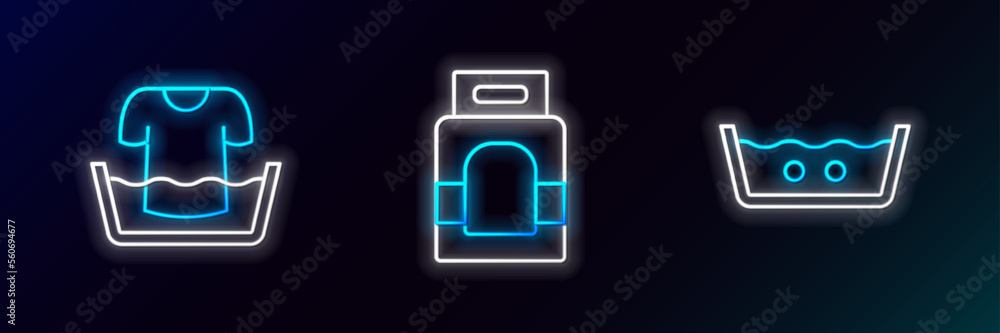 Set line Temperature wash, Basin with shirt and Laundry detergent icon. Glowing neon. Vector Set line Temperature wash, Basin with shirt and Laundry detergent icon. Glowing neon. Vector