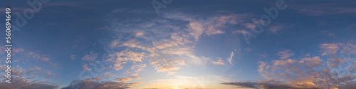 Dramatic sunset sky panorama with Cumulus clouds. Seamless hdr 360 pano in spherical equirectangular format. Complete zenith for 3D visualization, game and sky replacement for aerial drone panoramas