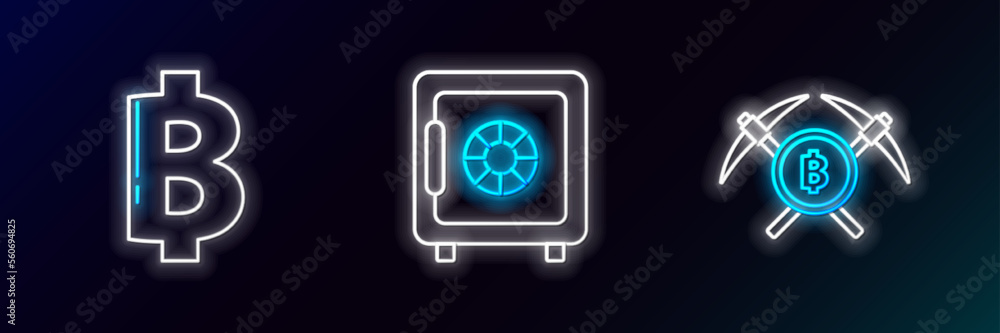 Set line Crossed pickaxe, Cryptocurrency coin Bitcoin and Safe icon. Glowing neon. Vector Set line Crossed pickaxe, Cryptocurrency coin Bitcoin and Safe icon. Glowing neon. Vector