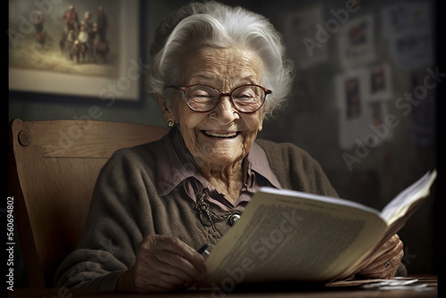 Happy old woman reading a book
