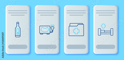 Set line Ultrasound, Patient record, Digital thermometer and Hospital bed icon. Vector