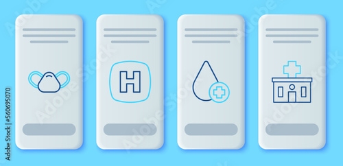 Set line Hospital signboard, Donate drop blood, Medical protective mask and building icon. Vector