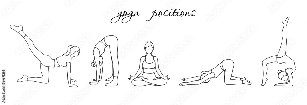 Obraz premium Five different yoga pilates positions set on white background in line style. Women silhouette 