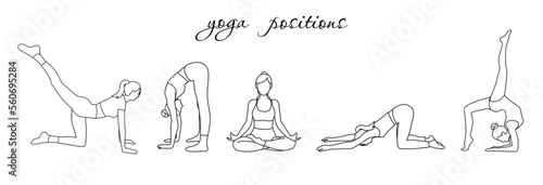 Five different yoga pilates positions set on white background in line style. Women silhouette
