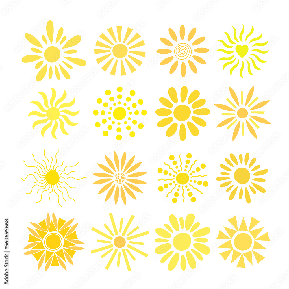 Simple yellow suns set vector flat illustration with round shape middle, cute summer image for making cards, decor, vacation concept and holiday and summertime design for children Simple yellow suns set vector flat illustration with round shape middle, cute summer image for making cards, decor, vacation concept and holiday and summertime design for children