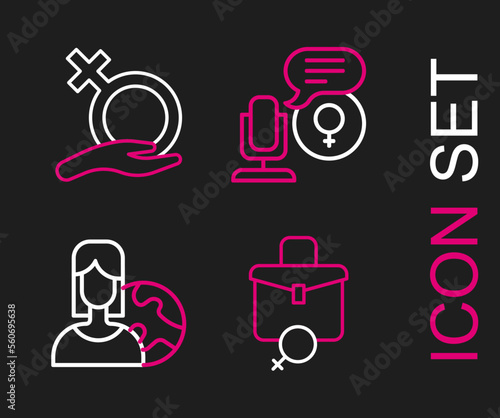 Set line Work for female, Women from different countries, Microphone and Female gender icon. Vector