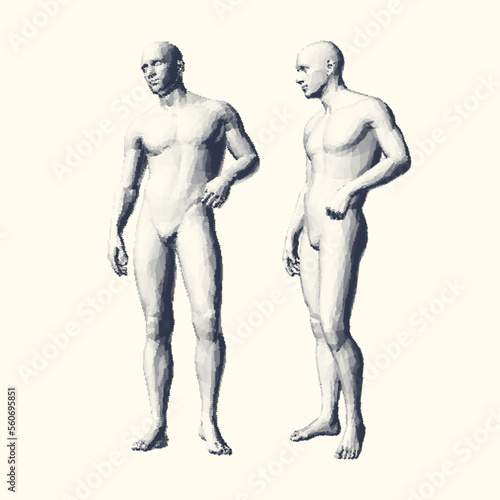 Models of standing people in different poses. 3D human body model. Vector for brochure, flyer, presentation, logo or banner.