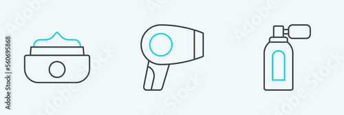 Set line Aftershave with atomizer, Gel or wax for hair styling and Hair dryer icon. Vector