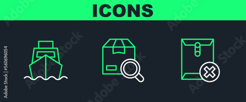 Set line Delete envelope, Cargo ship with boxes delivery and Search package icon. Vector