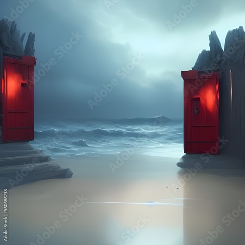 Puertas rojas en playa generada por inteligencia artificial photo