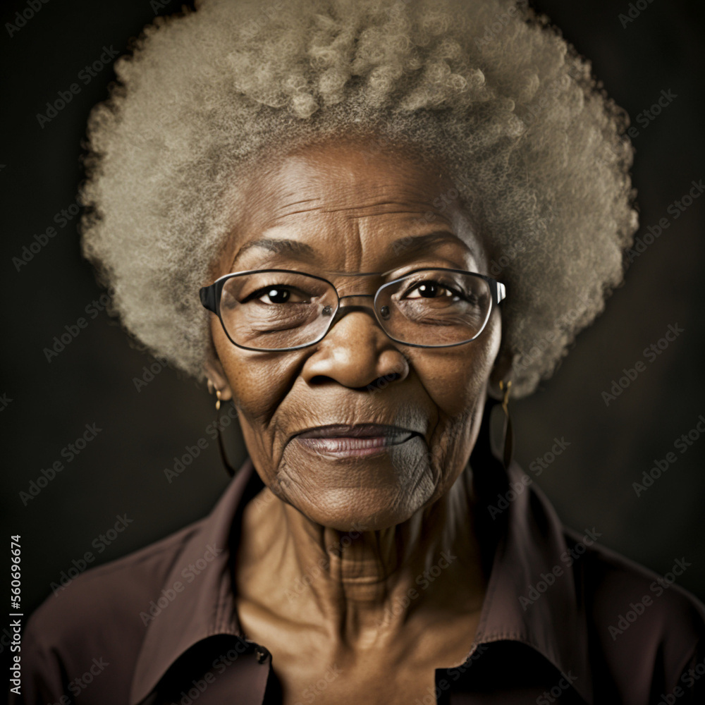 Beautiful elderly woman with an afro in front of a background