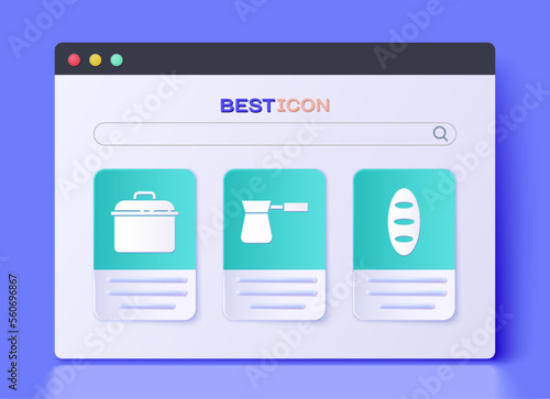 Set Coffee turk, Cooking pot and Bread loaf icon. Vector