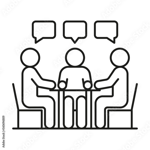 Group people seat at table, conversation, discussion, meeting icon line. Man communication on work in team, equality partnership. Vector illustration