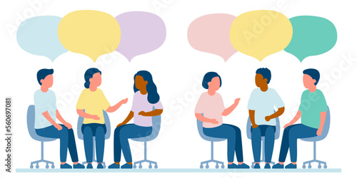 Meet of team of people for talk, dialog, communication, discussion, business relationship. Discuss problems together, exchange opinions of team worker. Support group. Vector illustration