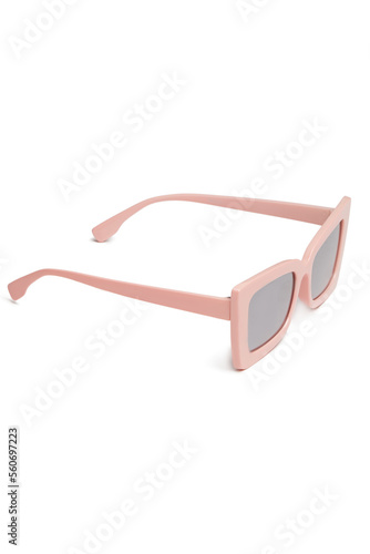 Close-up shot of mirrored sunglasses with gray lenses. Rectangular sunglasses with wide temples and a pink frame are isolated on a white background. Front view.