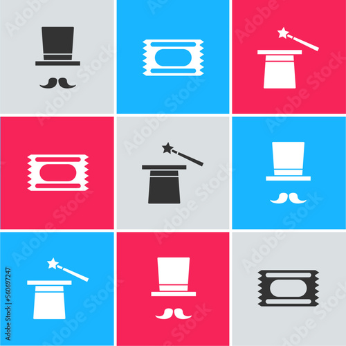 Set Magician, Circus ticket and hat and wand icon. Vector