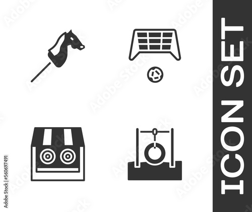 Set Car tire hanging on rope, Toy horse, Shooting gallery and Soccer goal with ball icon. Vector