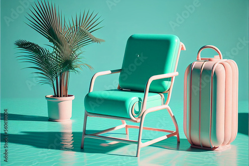 mint green armchair with pink coffee table .Living room. 90s fashion pop style. Luxury pop style of 90s. green arm chair. Nobody. Generative AI illustration. 