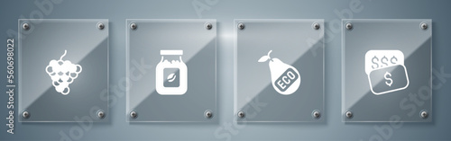 Set New price tag dollar, Healthy organic pear, Coffee jar bottle and Grape fruit. Square glass panels. Vector