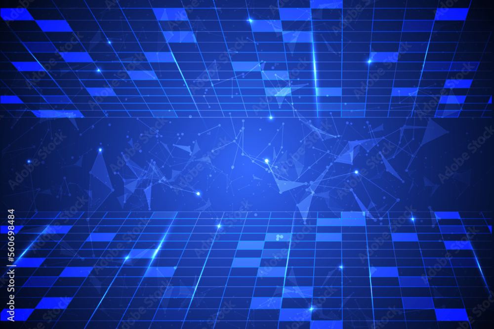 Obraz premium Abstract blue futuristic landscape horizontal square grid with laser glow light and low poly triangle shape vector background.